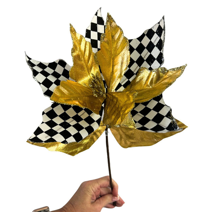 Black and white checked poinsettia Christmas spray accented with metallic gold leaves