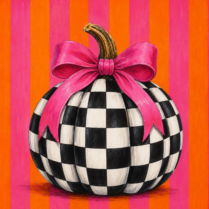 Black and white check pumpkin with bright pink bow on orange and pink striped metal sign TTE-596 for Halloween and fall wreaths.
