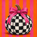 Black and white check pumpkin with bright pink bow on orange and pink striped metal sign TTE-596 for Halloween and fall wreaths.
