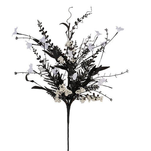 24 inch black and white floral spray with fabric flowers, dark leaves, white berries, and bead accents on a wired stem for wreaths and floral arrangements.