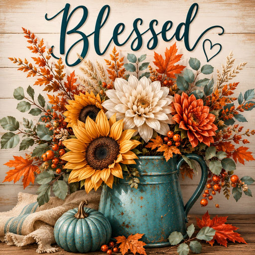Blessed fall metal sign featuring a teal pitcher filled with sunflowers, chrysanthemums, autumn foliage, berries, and a blue heirloom pumpkin. Exclusive Trendy Tree Design. SKU TTE-536.