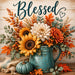 Blessed fall metal sign featuring a teal pitcher filled with sunflowers, chrysanthemums, autumn foliage, berries, and a blue heirloom pumpkin. Exclusive Trendy Tree Design. SKU TTE-536.