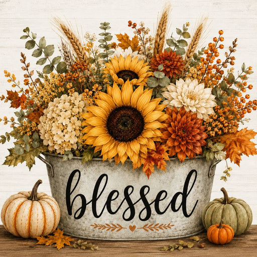10 x 10 metal fall wreath sign featuring a galvanized container filled with sunflowers, hydrangeas, wheat, berries, pumpkins, and the word "Blessed." Exclusive Trendy Tree Design for deco mesh wreaths, grapevine wreaths, or framing. SKU TTE-508.