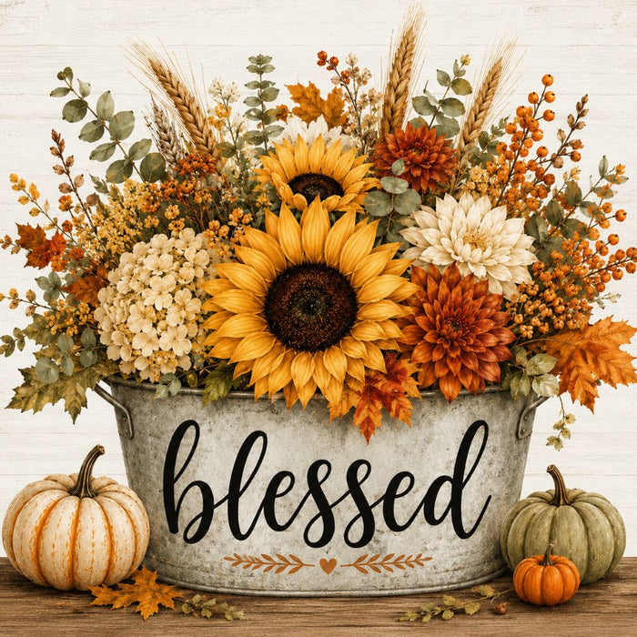 10 x 10 metal fall wreath sign featuring a galvanized container filled with sunflowers, hydrangeas, wheat, berries, pumpkins, and the word "Blessed." Exclusive Trendy Tree Design for deco mesh wreaths, grapevine wreaths, or framing. SKU TTE-508.