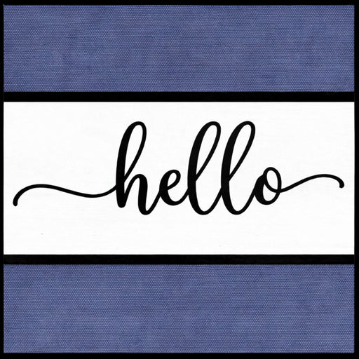 Blue canvas-style Hello metal sign with white center and black script lettering for everyday wreath decor.
