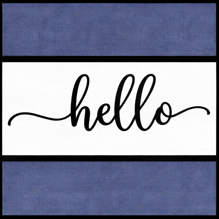 Blue canvas-style Hello metal sign with white center and black script lettering for everyday wreath decor.