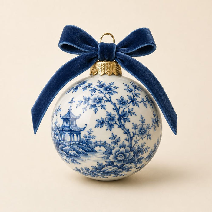 Blue chinoiserie 10 inch metal Christmas sign with porcelain-style ornament featuring blue and white floral and pagoda pattern, navy velvet bow, gold cap and beige background, TTE-668.