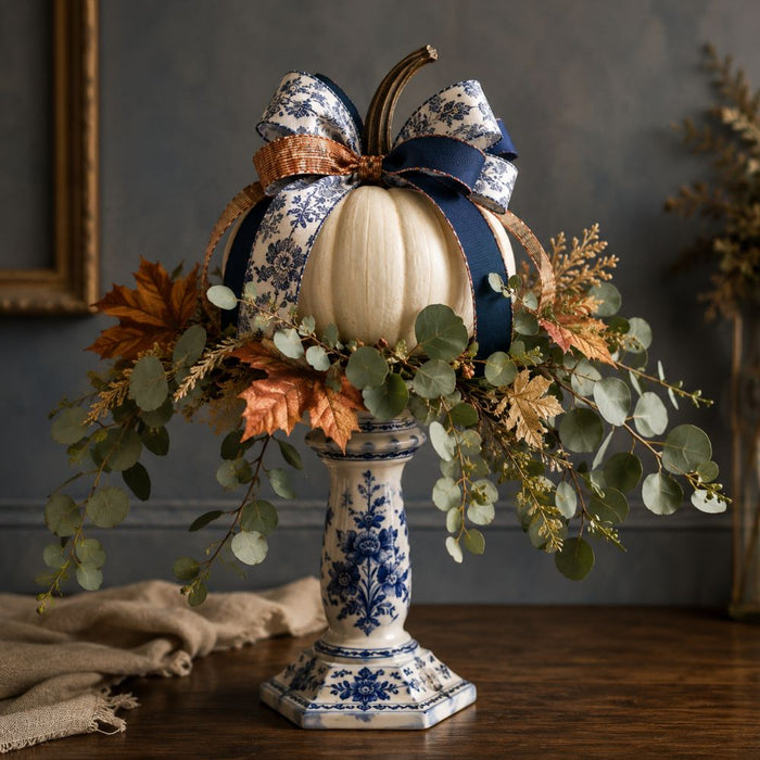 Blue chinoiserie 10 inch metal fall sign with cream pumpkin, blue and white bow, eucalyptus, autumn leaves and floral pedestal, TTE-643.