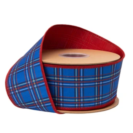 Blue and red plaid wired dupioni ribbon on a spool with coordinating red backing and wired edges, SKU 9753W-008-63E.