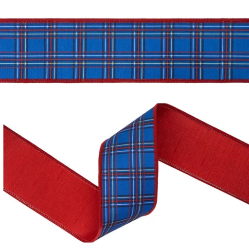 Close-up of blue plaid ribbon with red, white, and gold accent lines, red wired edges, and solid red backing, SKU 9753W-008-63E.