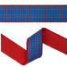 Close-up of blue plaid ribbon with red, white, and gold accent lines, red wired edges, and solid red backing, SKU 9753W-008-63E.