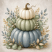 TTE-462 metal sign featuring a stack of blue, sage green, and cream pumpkins surrounded by eucalyptus, soft greenery, and delicate botanical accents.