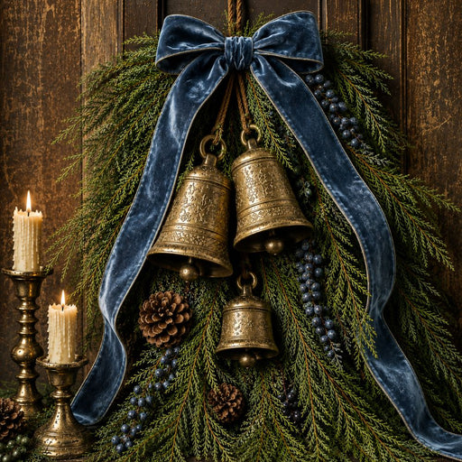 10 x 10 metal Christmas wreath sign featuring antique brass bells, evergreen cedar, pinecones, blue berries, and a blue velvet bow. Exclusive Trendy Tree Design for deco mesh wreaths, grapevine wreaths, or framing. SKU TTE-507.