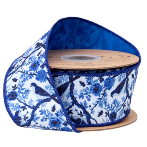 2.5" Blue white China Bird print ribbon, wired, 10 yards.