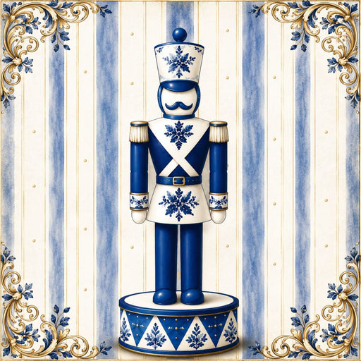 Blue and white chinoiserie 10 inch metal Christmas sign with nutcracker on decorated round base, floral and snowflake details, cream blue stripes and ornate gold corner flourishes, TTE-671.