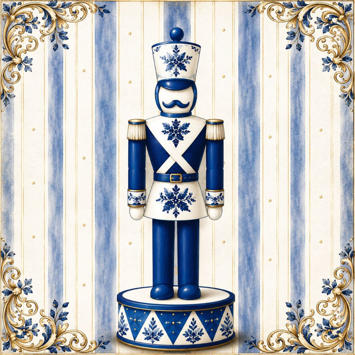 Blue and white chinoiserie 10 inch metal Christmas sign with nutcracker on decorated round base, floral and snowflake details, cream blue stripes and ornate gold corner flourishes, TTE-671.