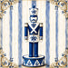 Blue and white chinoiserie 10 inch metal Christmas sign with nutcracker on decorated round base, floral and snowflake details, cream blue stripes and ornate gold corner flourishes, TTE-671.