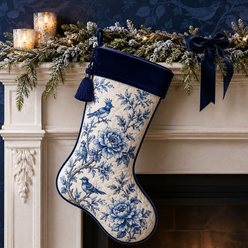 Flat metal Christmas sign printed with a blue-and-white chinoiserie stocking featuring birds, flowers, navy velvet trim, and a decorated mantel