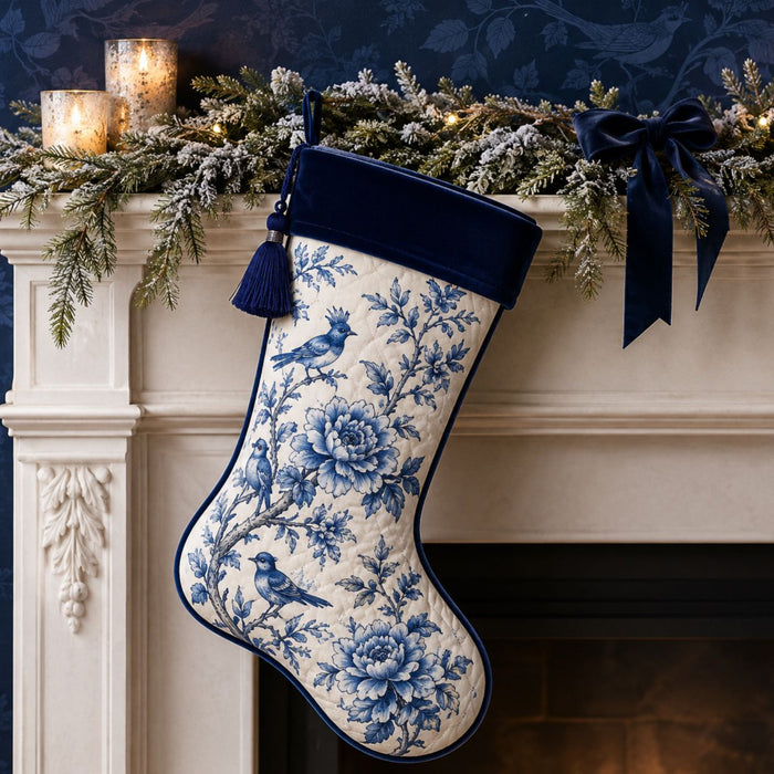 Flat metal Christmas sign printed with a blue-and-white chinoiserie stocking featuring birds, flowers, navy velvet trim, and a decorated mantel