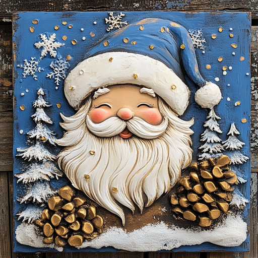 A festive 10 x 10 Blue Laughing Santa Sign (TTE-040) features a textured Santa with rosy cheeks, golden pine cones, snowflakes, and pine trees on a blue background—white snow accents add cheerful winter charm.