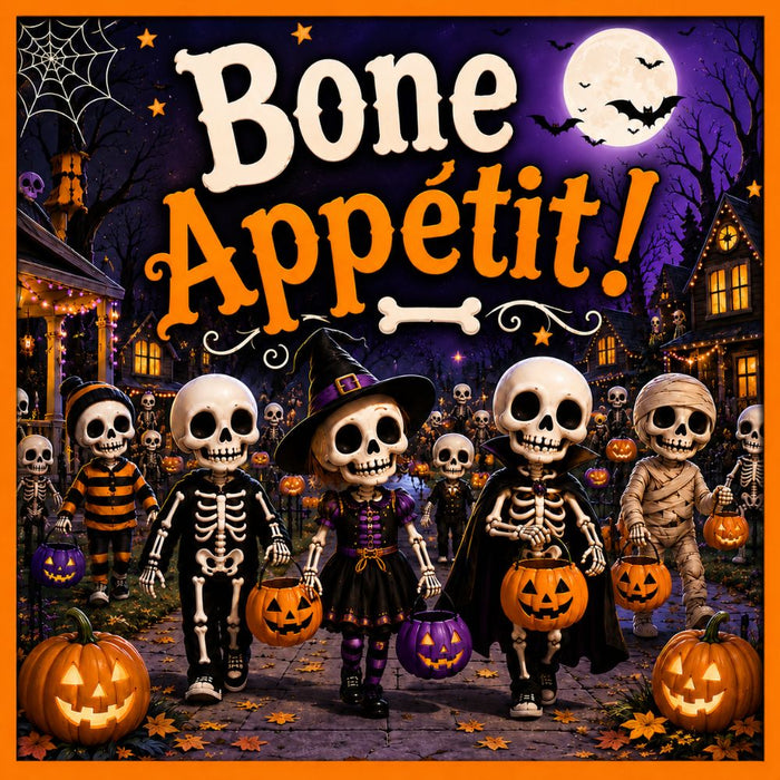 Bone Appétit Halloween metal sign featuring trick-or-treating skeletons in costumes, glowing jack-o’-lanterns, full moon, and a colorful Halloween neighborhood. SKU TTE-573.
