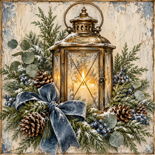 Brass winter lantern with frosted blueberries and winter greenery on metal wreath sign TTE-826