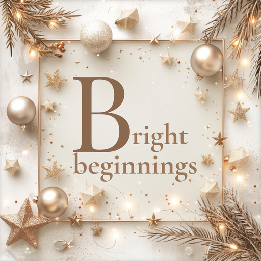 Bright Beginnings New Year metal sign with gold ornaments, stars, and soft neutral holiday accents on a square decorative background.