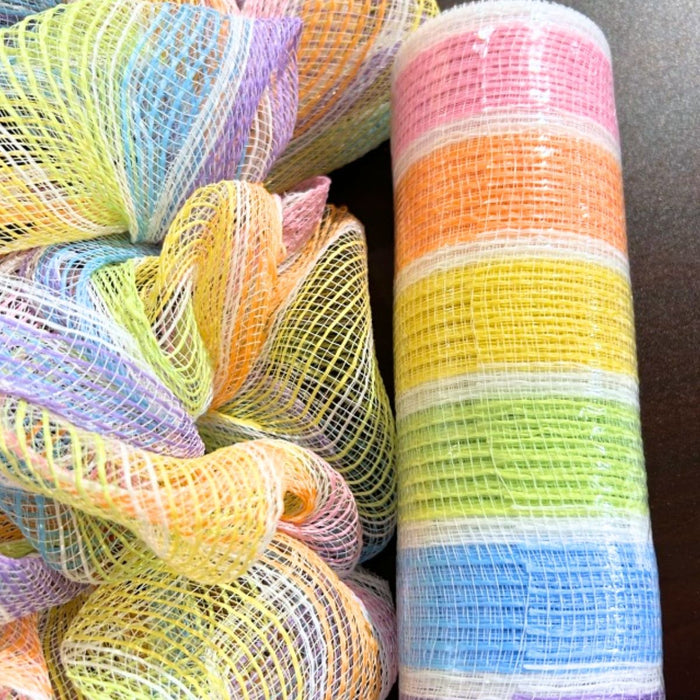 Bright rainbow stripe flat poly mesh with white overlay, 10 inch x 10 yard roll for wreath making and DIY crafts, SKU XB265010-18