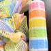 Bright rainbow stripe flat poly mesh with white overlay, 10 inch x 10 yard roll for wreath making and DIY crafts, SKU XB265010-18