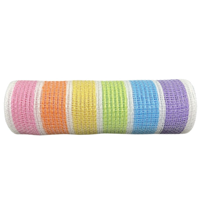 Bright rainbow stripe flat poly mesh with white overlay, 10 inch x 10 yard roll for wreath making and DIY crafts, SKU XB265010-18