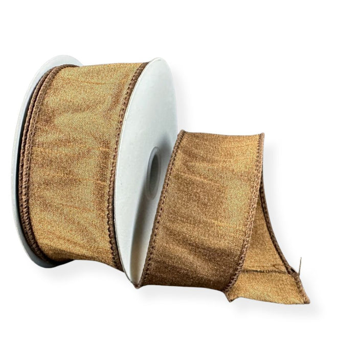 1.5-inch brown faux dupioni wired ribbon on a 10-yard roll for wreaths, bows, garlands, and seasonal decorating.
