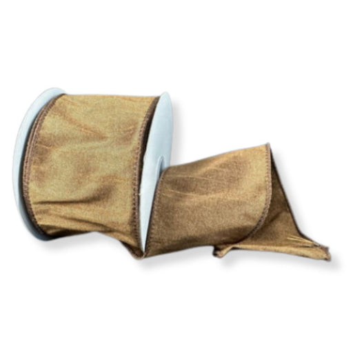 A partially unrolled and loosely draped spool of 2.5" Brown Faux Dupioni Wired Ribbon (72434-40-38) with a silk-like finish, set against a white background—perfect for wreath making supplies.