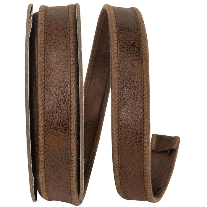Brown leather-look two-sided wired ribbon with textured finish, 7/8 inch wide by 5 yards, SKU 94631W-092-05D.