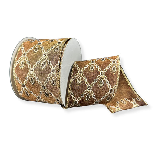 Brown metallic satin wired ribbon with gold and white jeweled diamond lattice pattern.