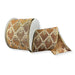 Brown metallic satin wired ribbon with gold and white jeweled diamond lattice pattern.