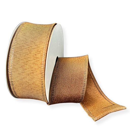 1.5-inch brown metallic satin wired ribbon on a 10-yard roll with a subtle shimmer, ideal for wreaths, bows, garlands, and gift wrapping.