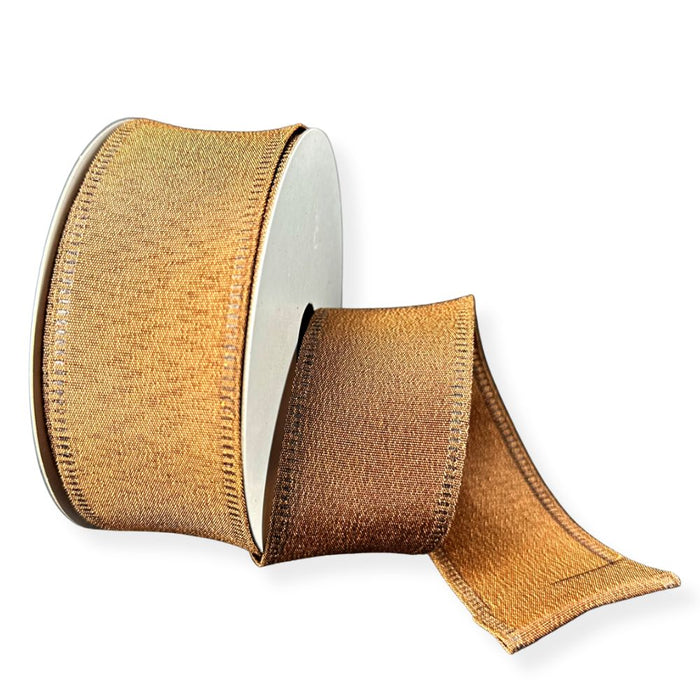 1.5-inch brown metallic satin wired ribbon on a 10-yard roll with a subtle shimmer, ideal for wreaths, bows, garlands, and gift wrapping.