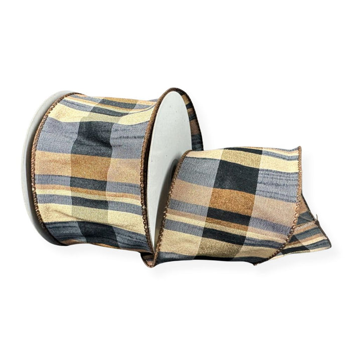 2.5-inch brown, tan, and black faux dupioni plaid wired ribbon on a 10-yard roll for fall wreaths, bows, garlands, and seasonal decorating.