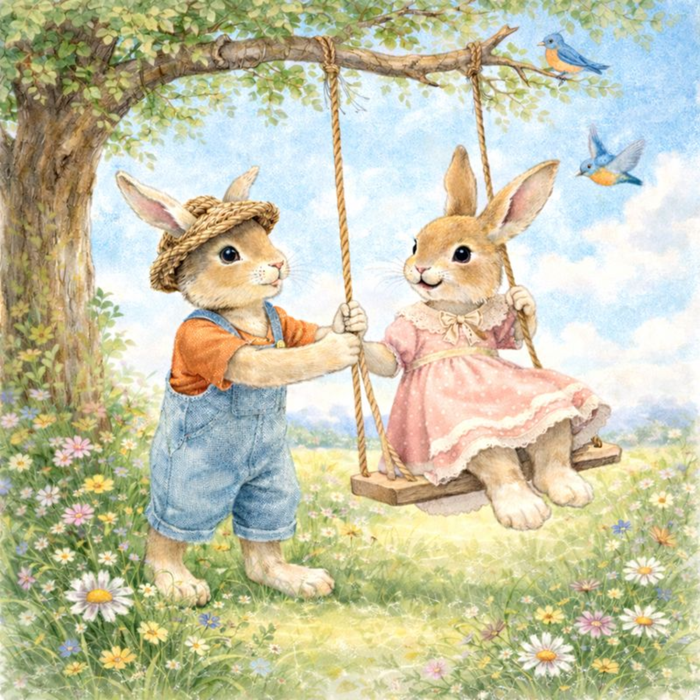 Bunny Swing Sweethearts 10 inch metal sign from Trendy Tree featuring two bunnies under a tree with a swing and spring florals, ideal for Easter wreath making, spring wreaths, and decorative wreath accents.