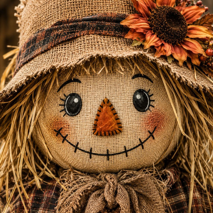 Burlap scarecrow 10 inch metal fall sign with stitched face, raffia hair, rustic hat and orange sunflower accent, TTE-632.