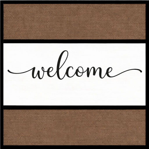 Welcome burlap stripe metal sign with black script lettering for everyday wreath accent, 10 inch square TTE-429
