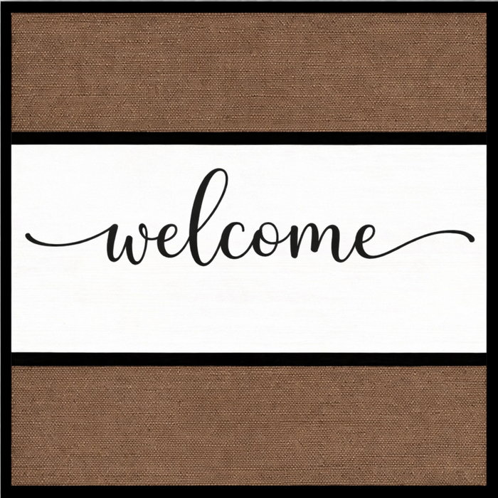 Welcome burlap stripe metal sign with black script lettering for everyday wreath accent, 10 inch square TTE-429