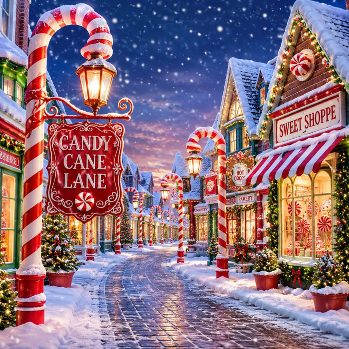 Candy Cane Lane 10 inch metal Christmas sign with snowy village street, oversized peppermint candy canes, glowing lamps, sweet shops and Christmas lights, TTE-696.