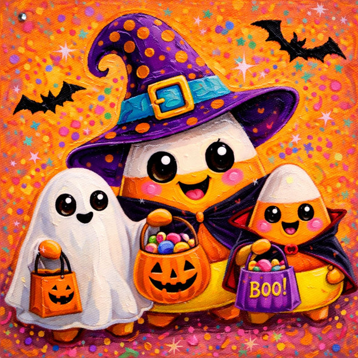 Cute candy corn family trick-or-treating in ghost, witch and vampire costumes with Halloween candy on a bright orange and purple metal sign.