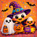 Cute candy corn family trick-or-treating in ghost, witch and vampire costumes with Halloween candy on a bright orange and purple metal sign.