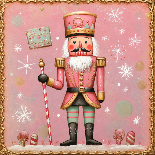 he 10" x 10" Candy Land Christmas Nutcracker Sign TTE-030 features a festive pink-themed illustration of a nutcracker dressed in a pink and gold uniform with a tall hat. This playful character, reminiscent of something out of Candy Land, is depicted holding a candy cane staff surrounded by snowflakes and peppermint candies on a pink backdrop.