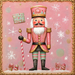 he 10" x 10" Candy Land Christmas Nutcracker Sign TTE-030 features a festive pink-themed illustration of a nutcracker dressed in a pink and gold uniform with a tall hat. This playful character, reminiscent of something out of Candy Land, is depicted holding a candy cane staff surrounded by snowflakes and peppermint candies on a pink backdrop.