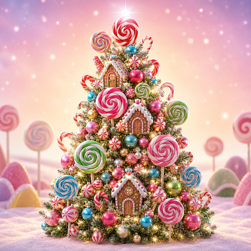 10 x 10 metal Christmas wreath sign featuring a Candyland Christmas tree decorated with colorful lollipops, peppermint candies, ornaments, and festive holiday treats. Exclusive Trendy Tree Design for deco mesh wreaths, grapevine wreaths, or framing. SKU TTE-498.
