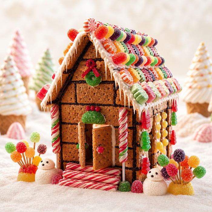 10 x 10 metal Christmas wreath sign featuring a Candyland gingerbread house decorated with colorful candies, peppermint accents, icing, and festive holiday treats. Exclusive Trendy Tree Design for deco mesh wreaths, grapevine wreaths, or framing. SKU TTE-502.