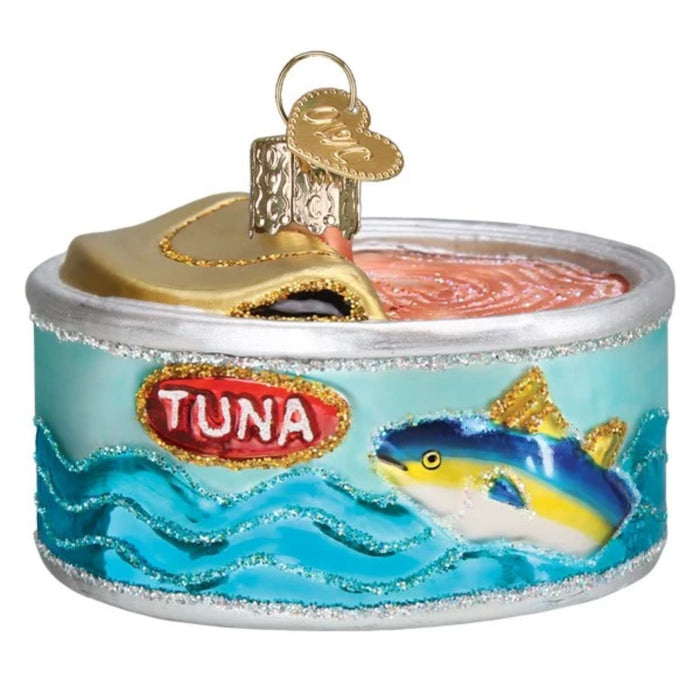 Add protein-packed whimsy to your tree with the Canned Tuna Old World Christmas Ornament 32616—a charming ornament shaped like a tuna can. It features a blue fish and waves on the label, a partially opened lid revealing pink “tuna” inside, and a gold pull tab adorned with a heart charm.